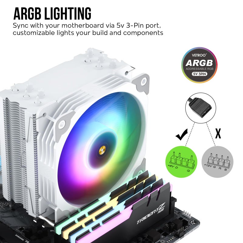 Vetroo V5 CPU Air Cooler with 5 Heat Pipes 120mm FDB PWM Processor Cooling for Intel LGA 1851/1700/1200/115X AMD AM5/AM4, Addressable RGB Lights Sync - White - Image 3